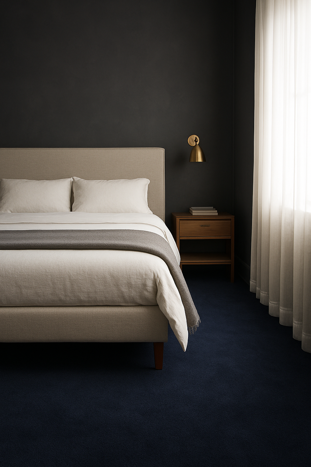 Bedroom with charcoal gray walls and navy blue wall-to-wall carpet