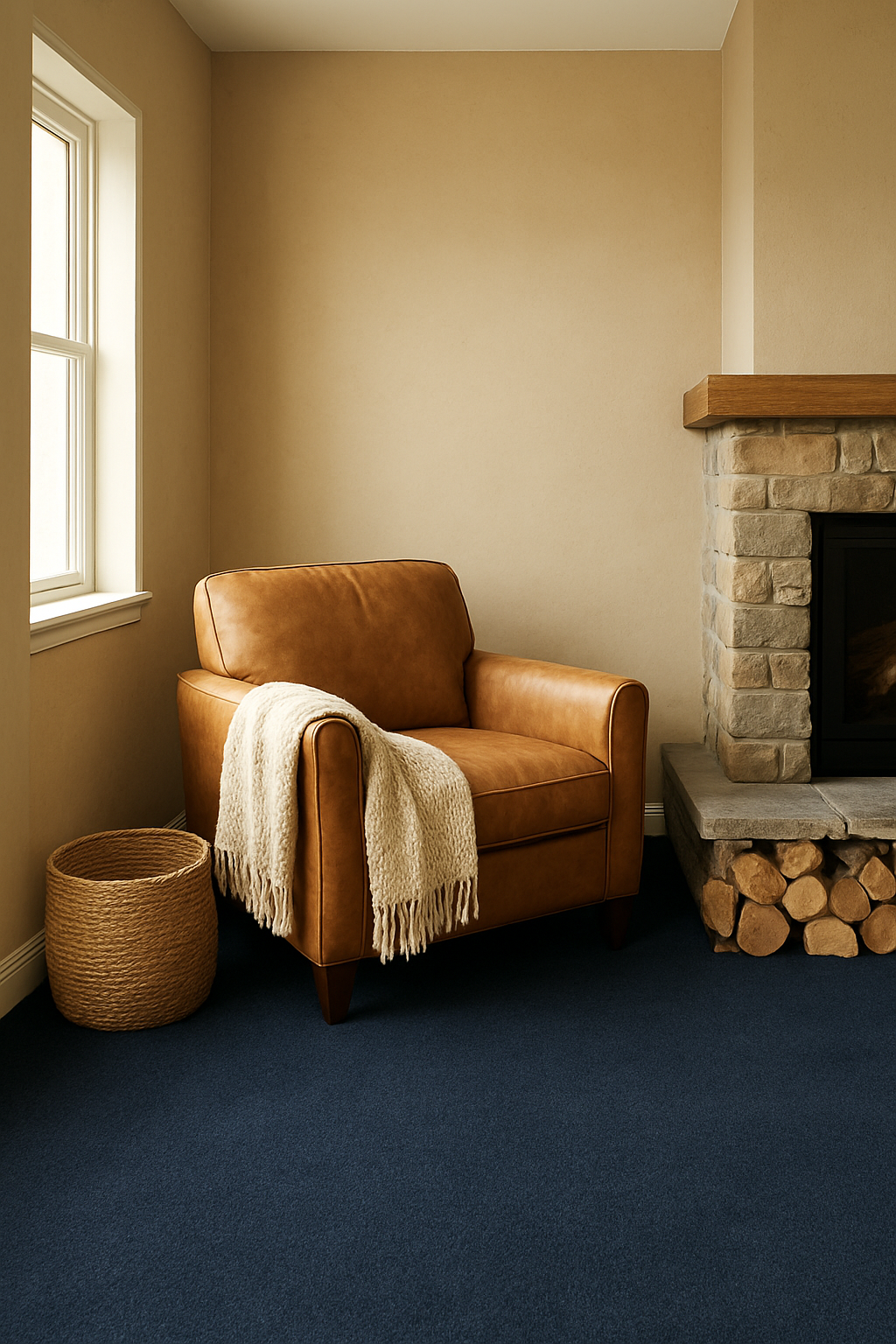Family room nook with warm beige walls and navy blue wall-to-wall carpet