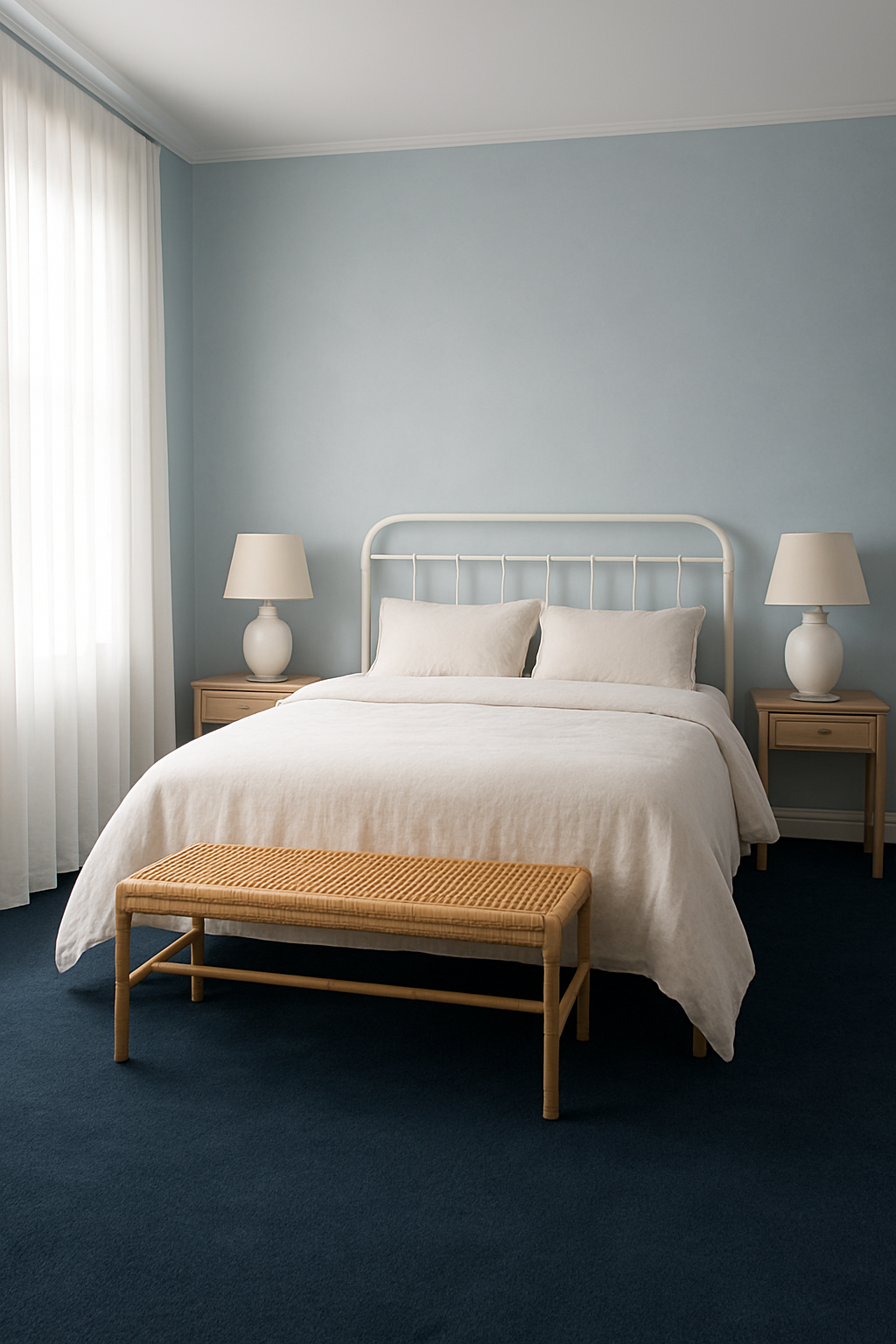 Guest room with pale blue walls and navy blue carpet, wide framing