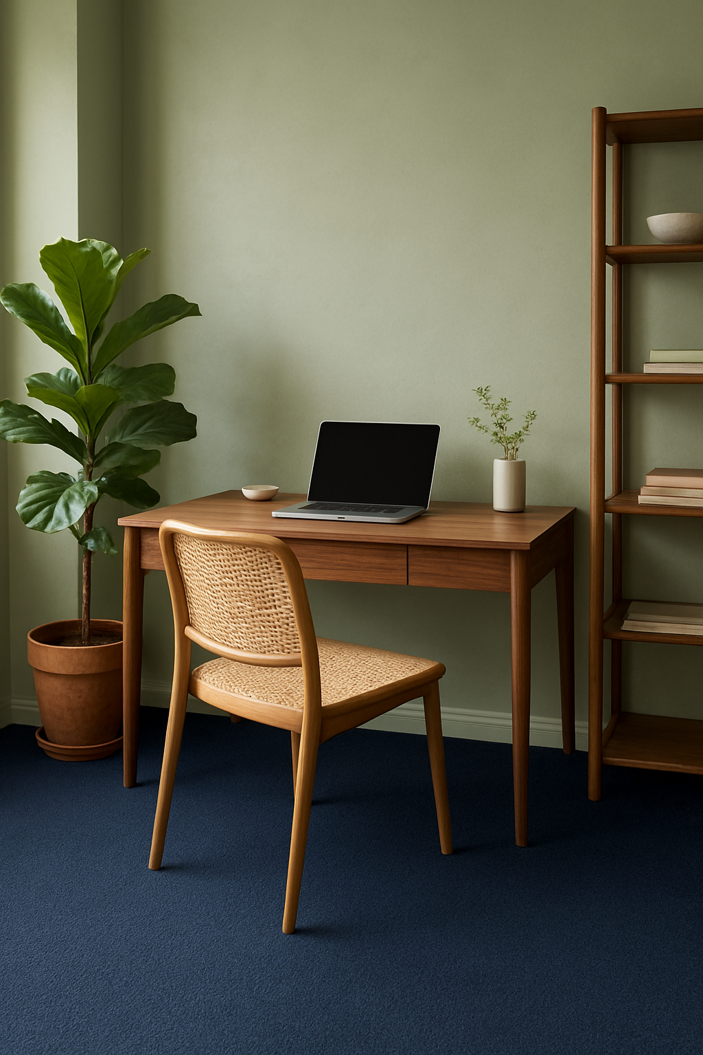 Home office desk area with sage green walls and navy blue carpet