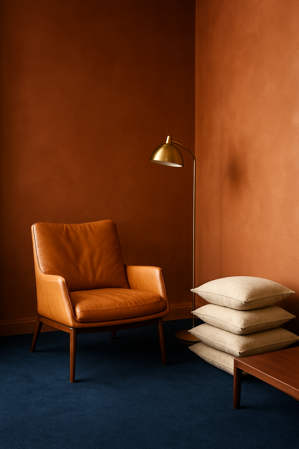 Den corner with warm terracotta walls and deep navy blue carpet