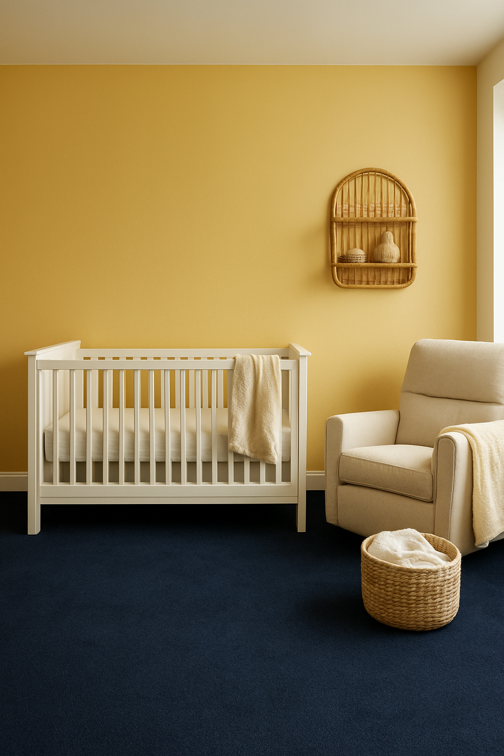 Nursery with butter yellow walls and navy blue wall-to-wall carpet