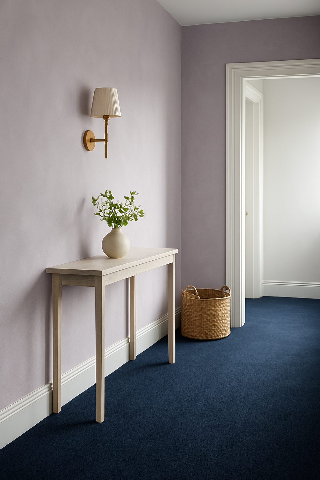 Hallway with soft lavender walls and navy blue carpet underfoot