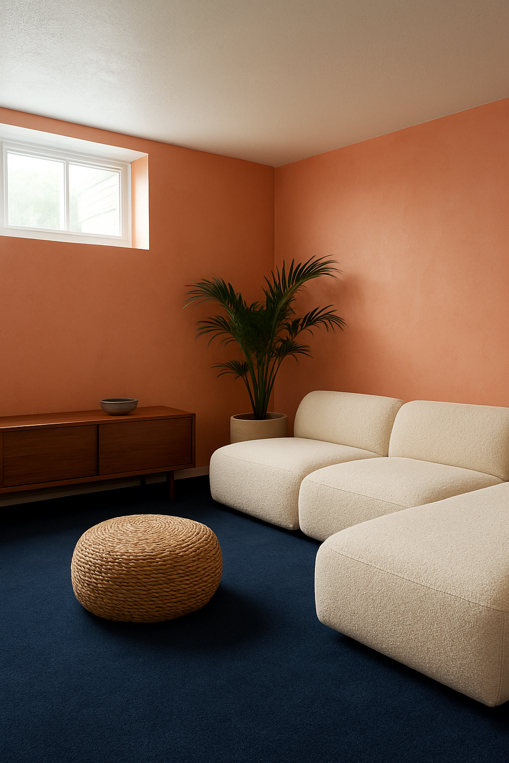 Basement corner with light coral walls and navy blue carpet