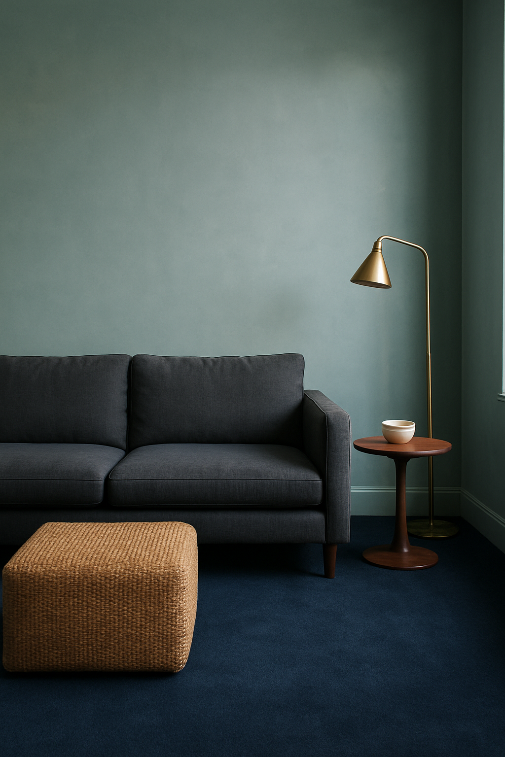 Living room seating nook with muted teal walls and navy blue carpet