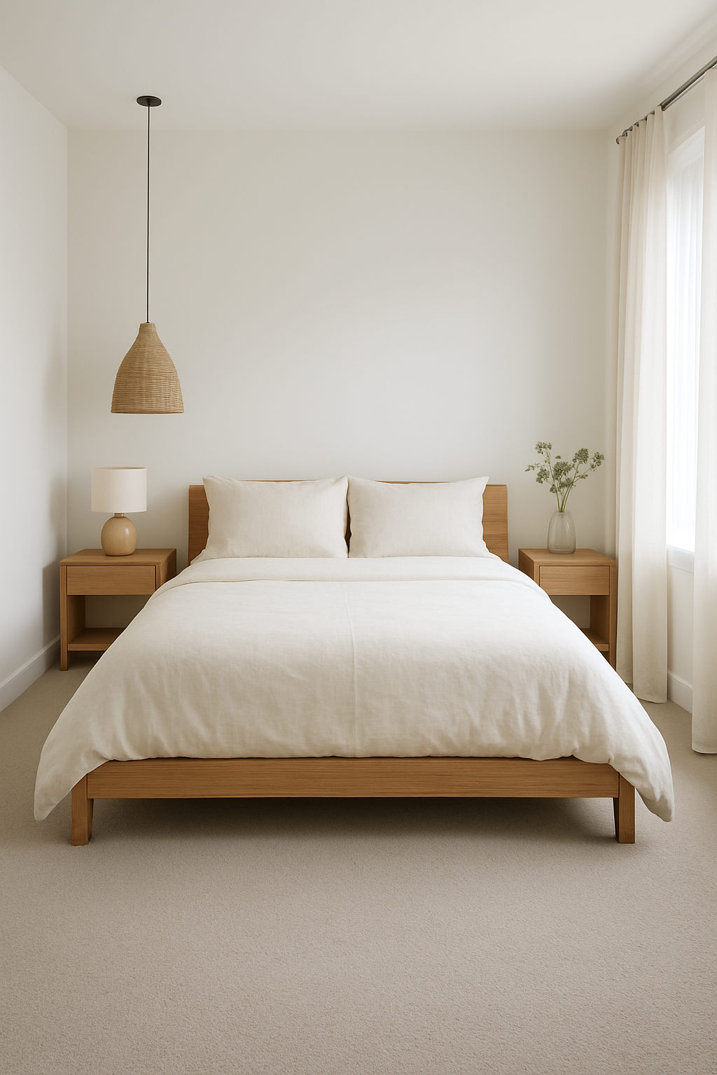 Bedroom with crisp white walls and a greige carpet