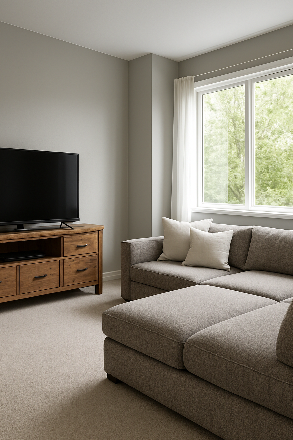 Family room with soft gray walls and a greige carpet
