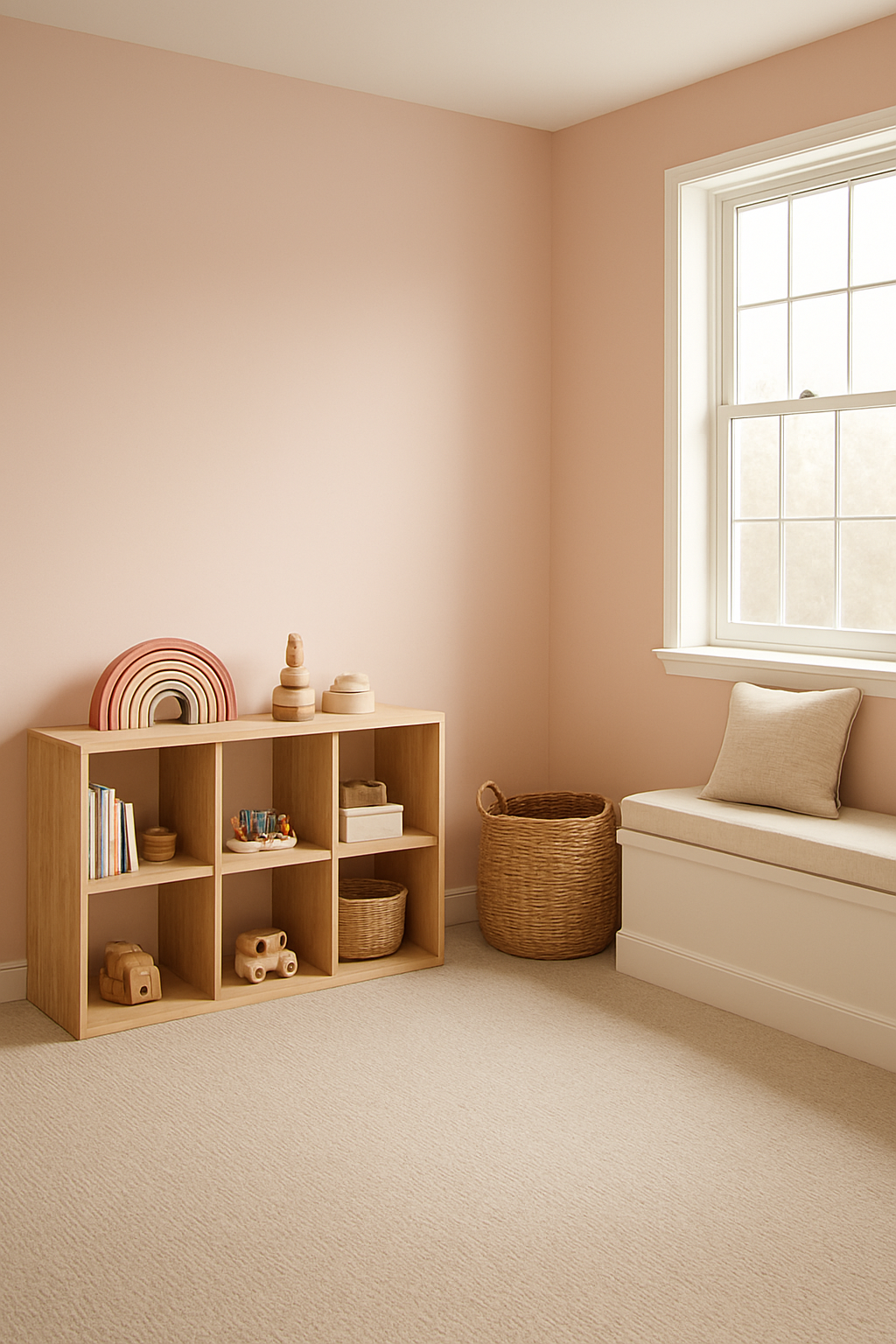 Playroom with blush pink walls and a greige carpet