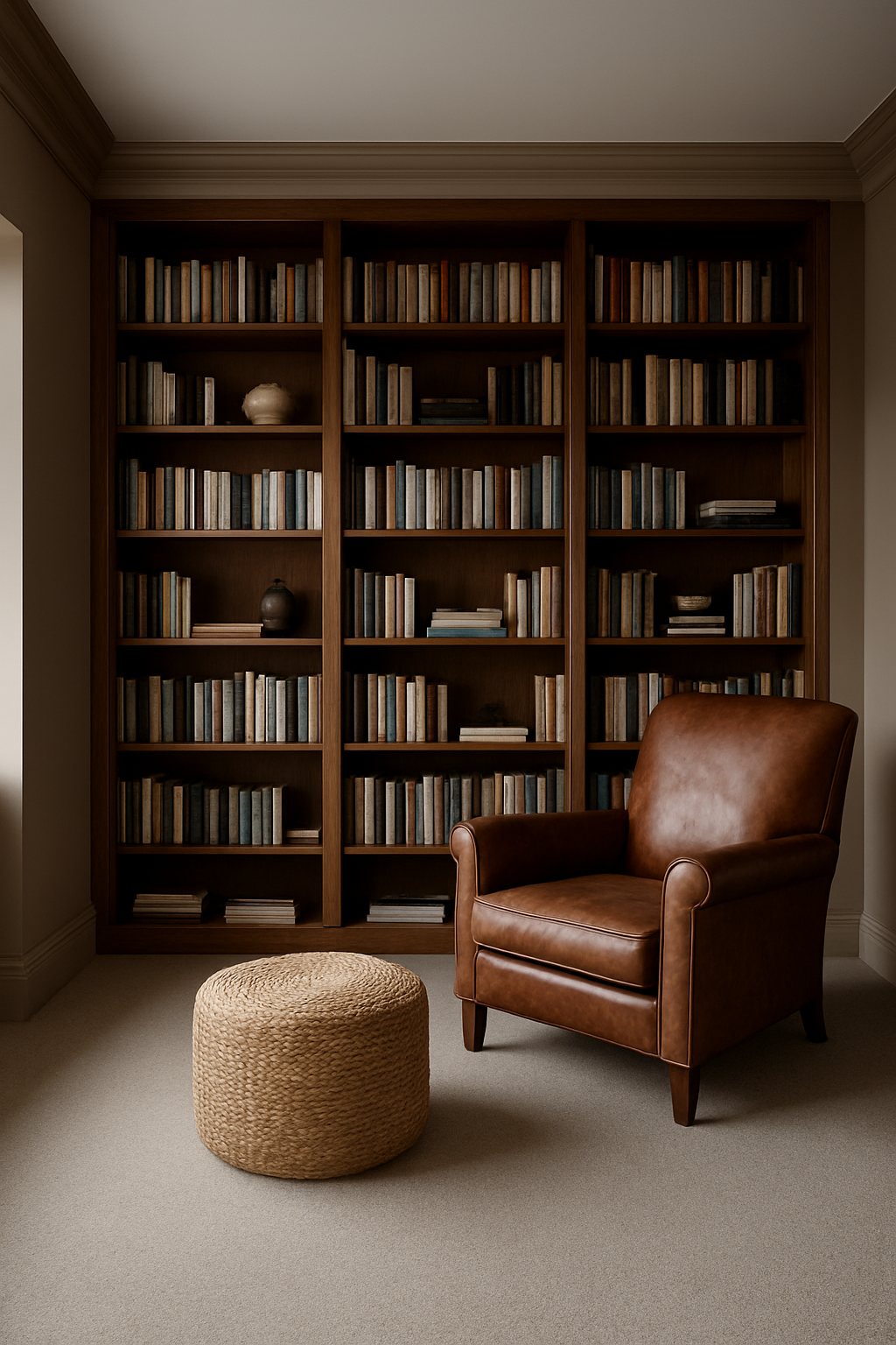 Library with warm taupe walls and a greige carpet