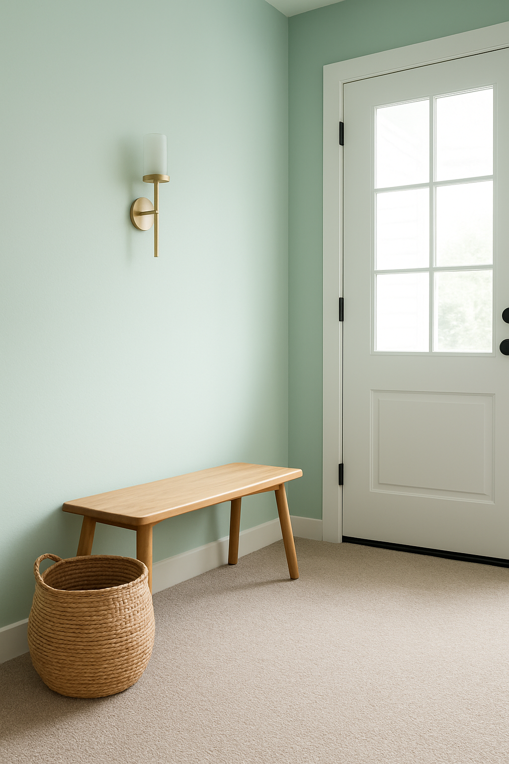 Entryway with cool mint walls and a greige carpet