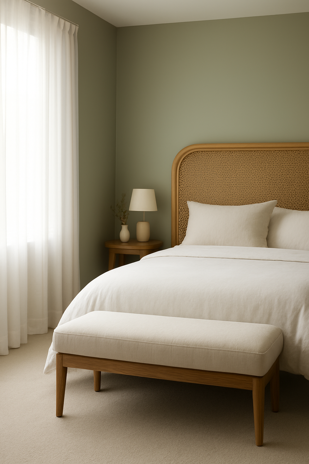 Guest room corner with sage green walls and greige carpet