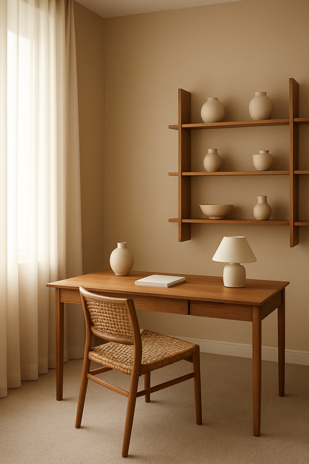 Home office with warm beige walls and a greige carpet