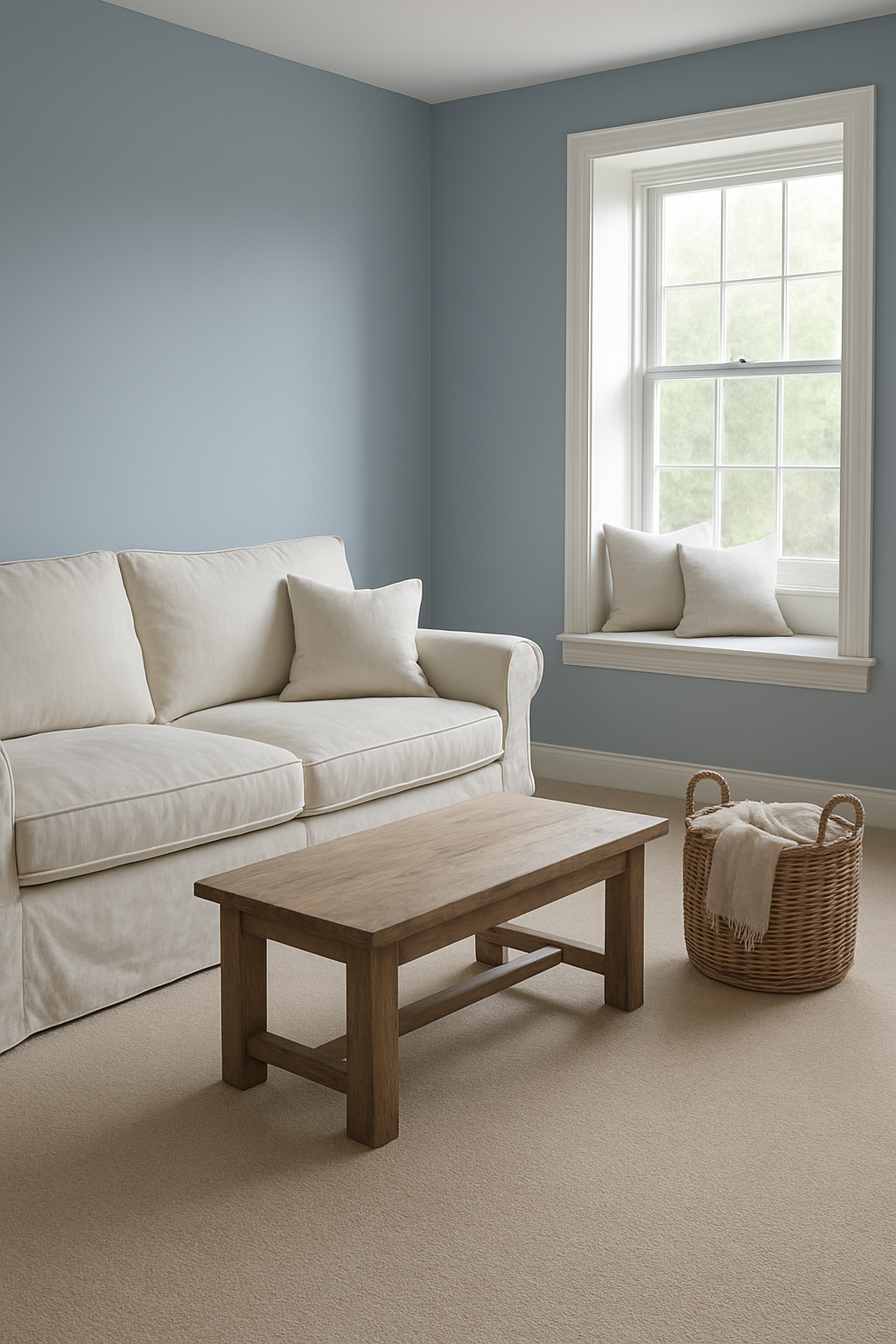 Den with soft blue walls and a warm greige carpet