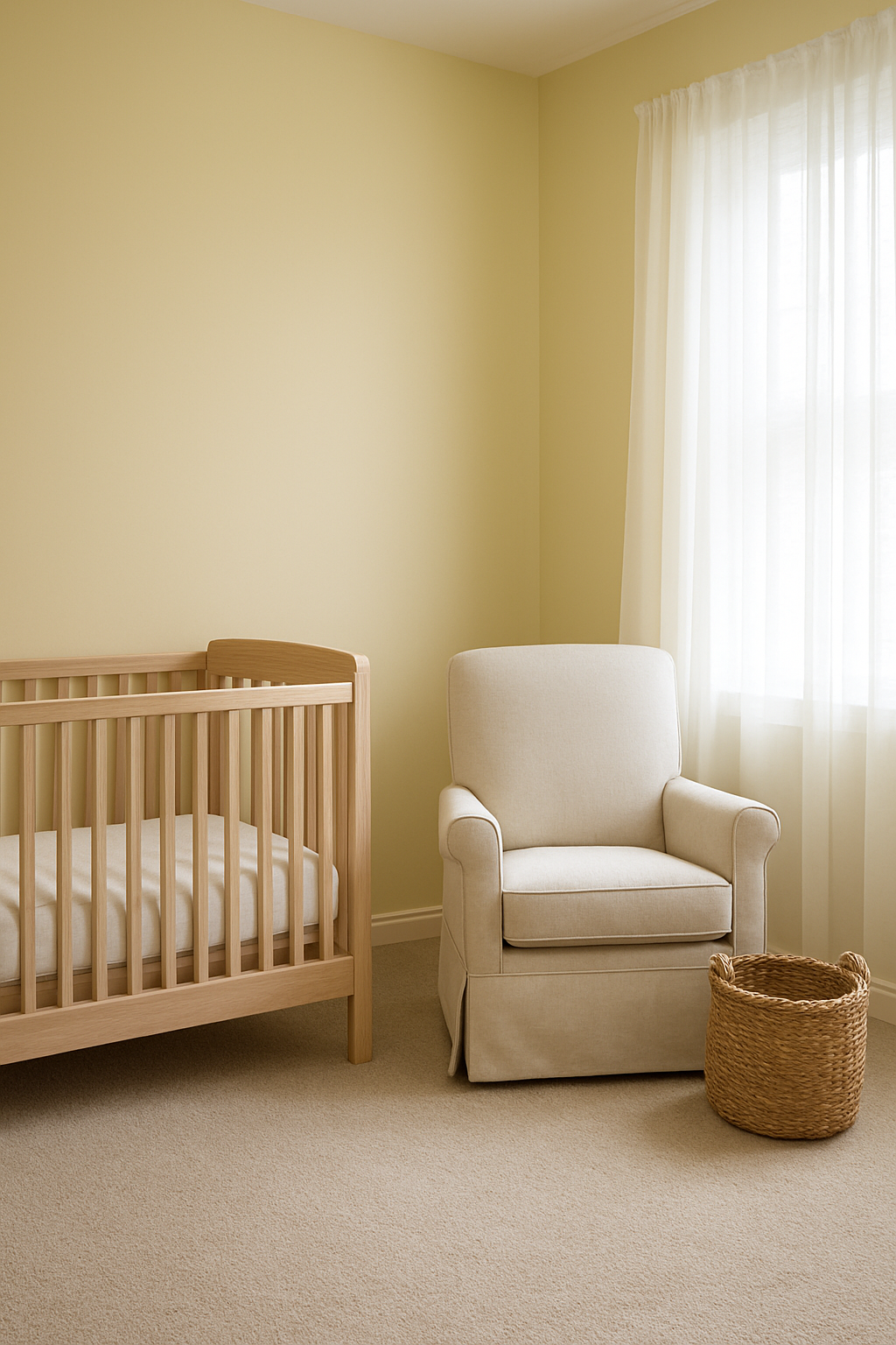 Nursery corner with pale yellow walls and greige carpet