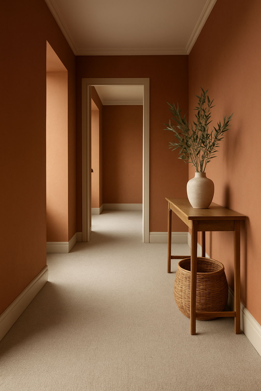Hallway with warm terracotta walls and a greige carpet