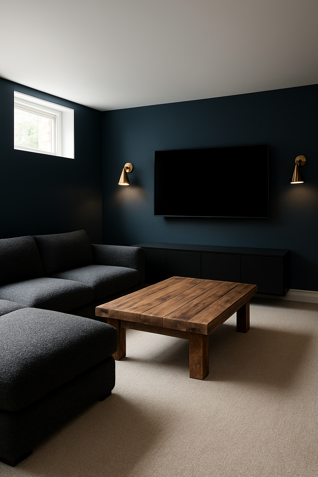 Basement with navy blue walls and a greige carpet