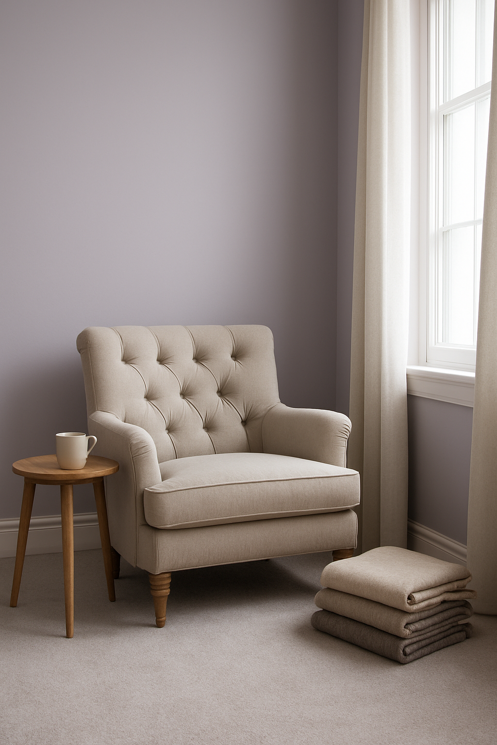 Reading nook with soft lavender walls and greige carpet