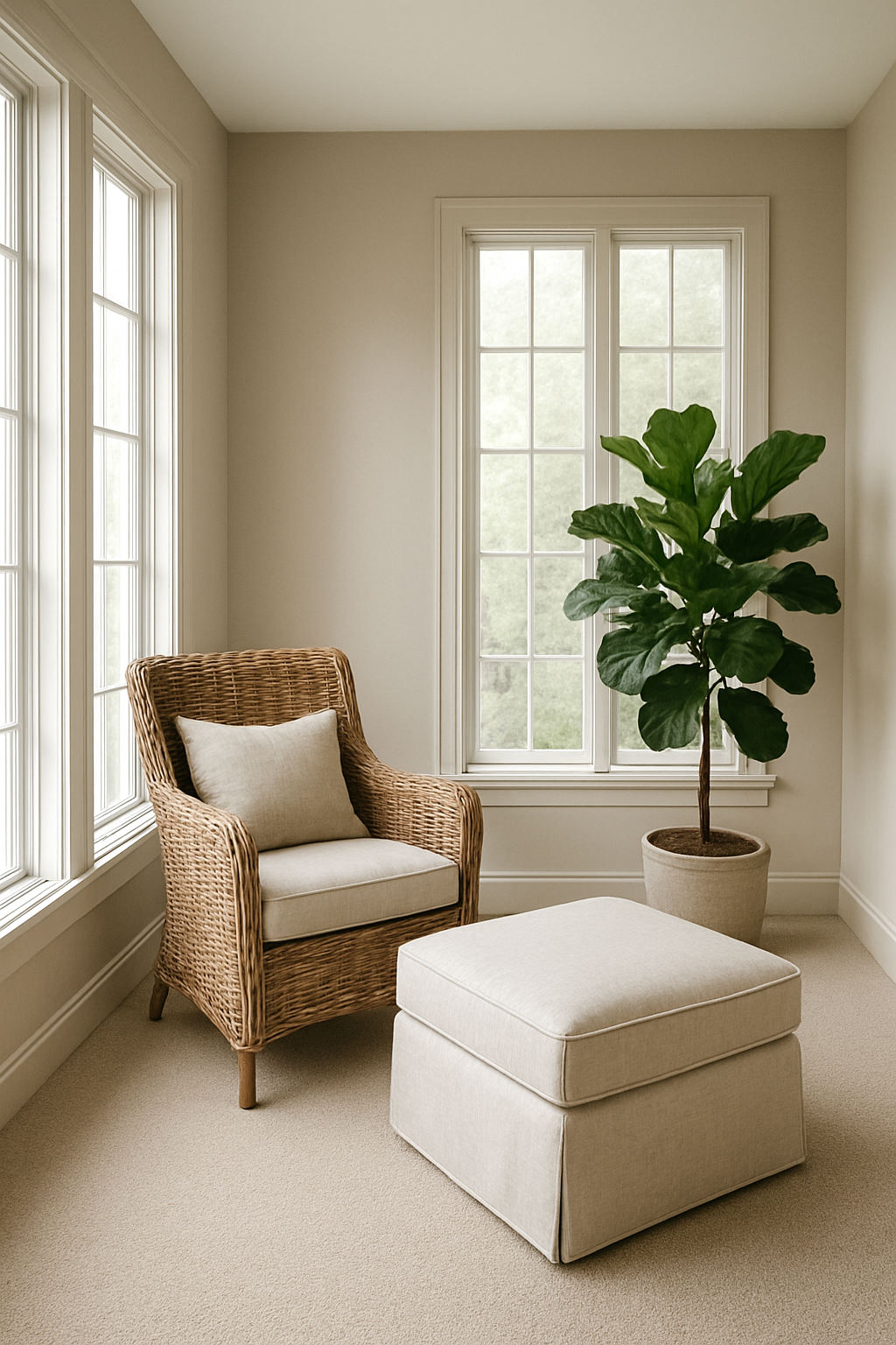 Sunroom corner with light greige walls and a greige carpet