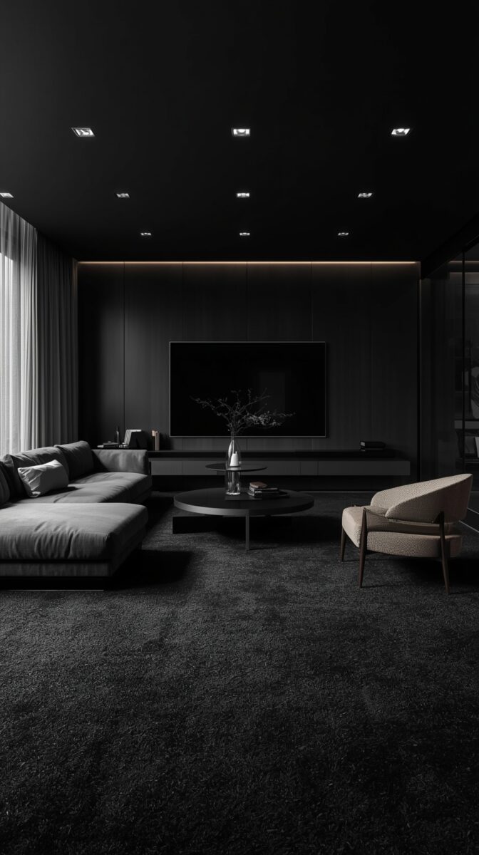 Modern minimalist living room with black walls, grey sectional sofa, round coffee table, and wall-mounted TV with ambient lighting