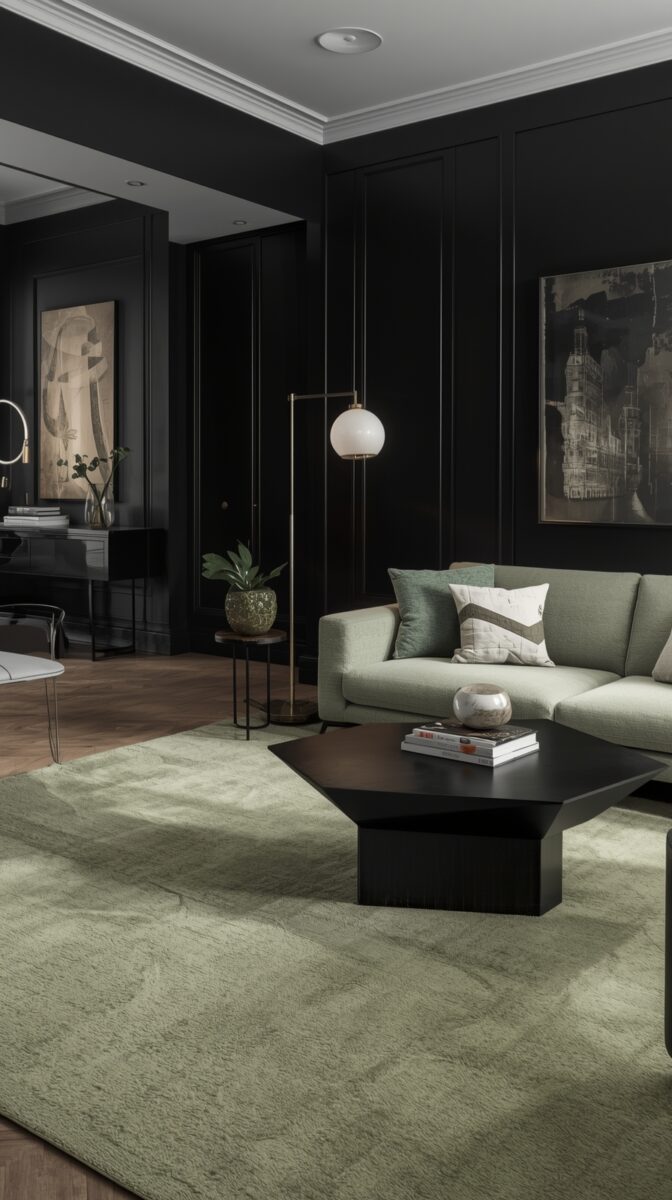 Modern living room with black walls, sage green sofa, geometric black coffee table, and minimalist decor with abstract artwork