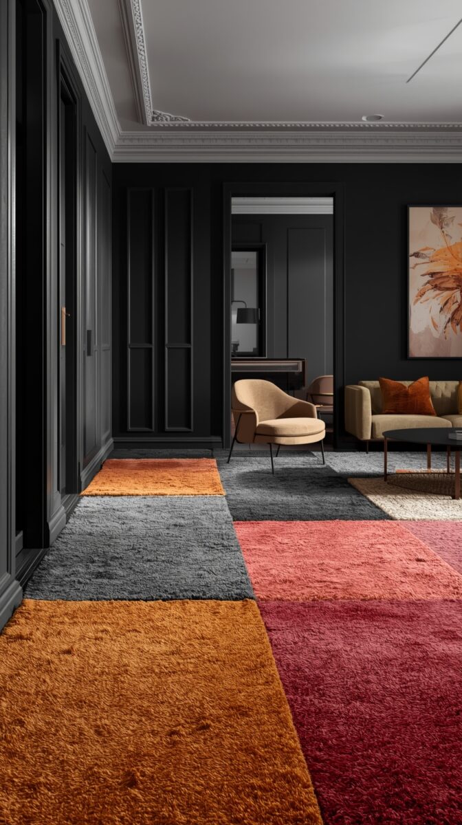 Modern living room with dark walls, colorful patchwork carpet in orange, red and gray, beige accent chair and abstract art
