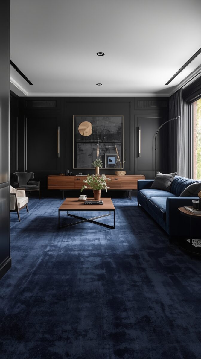 Modern living room with dark walls, navy blue carpet, wooden furniture, and blue velvet sofa against black paneled walls