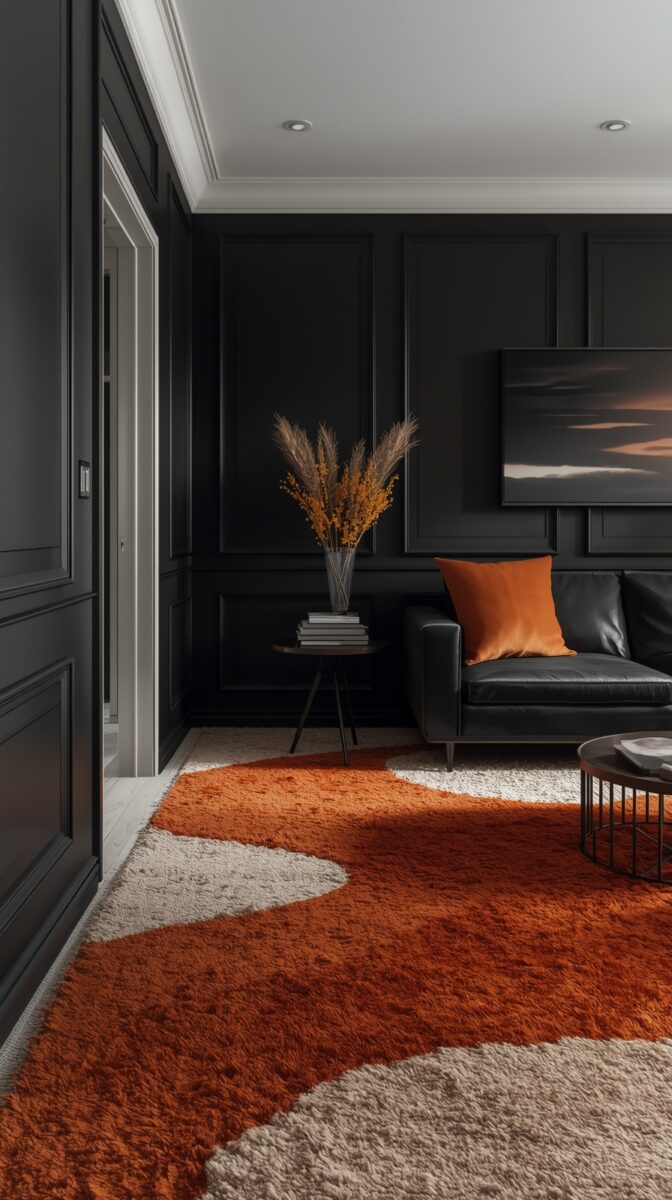 Modern living room with black walls, orange and beige rug, black leather sofa, orange accent pillow, and dried floral arrangement