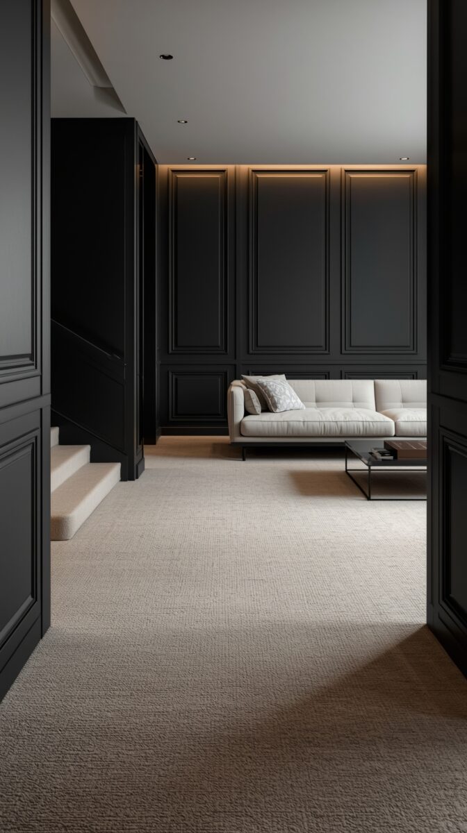 Modern living room with black paneled walls, white sofa, ambient lighting, and beige carpet viewed through doorway