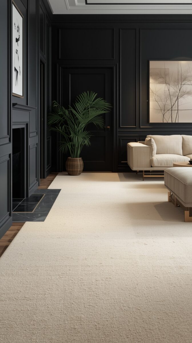 Modern living room with dark charcoal walls, cream carpet, beige sofa, palm plant, and minimalist wall art in neutral tones