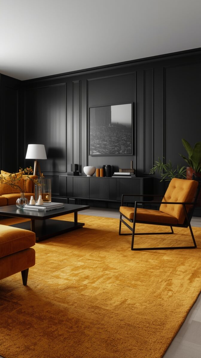 Modern living room with black walls, orange velvet furniture, gold carpet, and minimalist decor featuring cityscape artwork