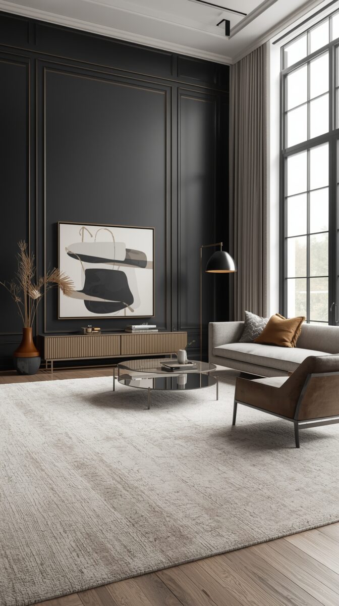 Modern living room with dark gray walls, abstract art, ribbed media console, gray sofa, and large windows with floor-length curtains