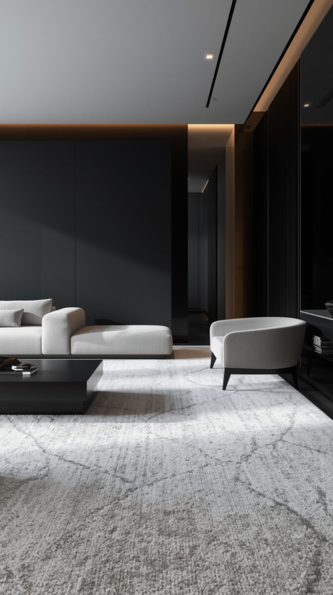 Modern minimalist living room with white sofa, armchair, dark walls, marble-effect rug and ambient lighting