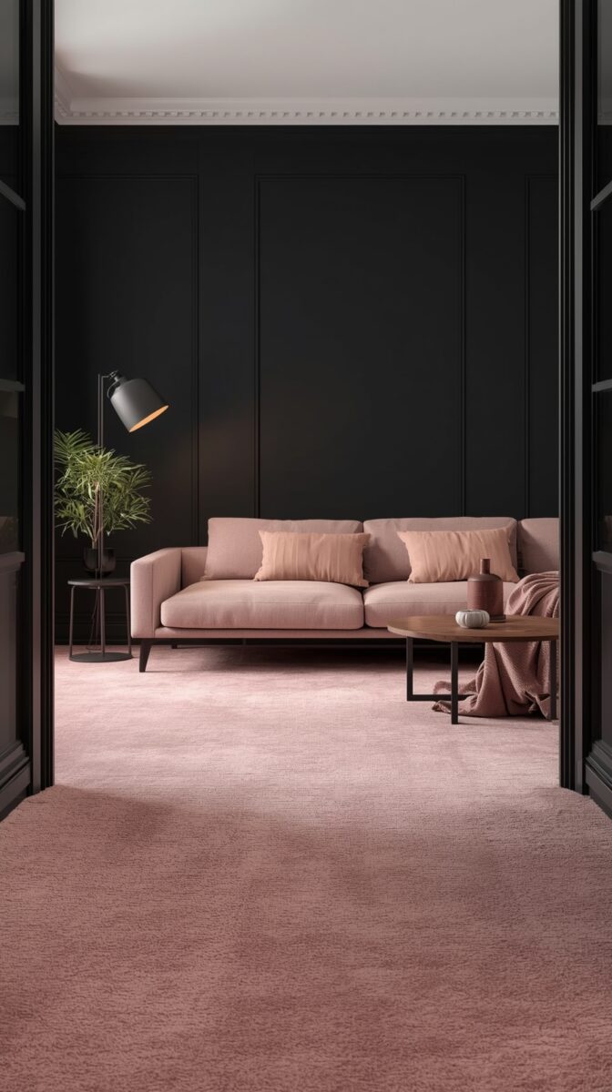Modern living room with pink sofa, black walls, pink carpet, floor lamp, and potted plant viewed through doorway