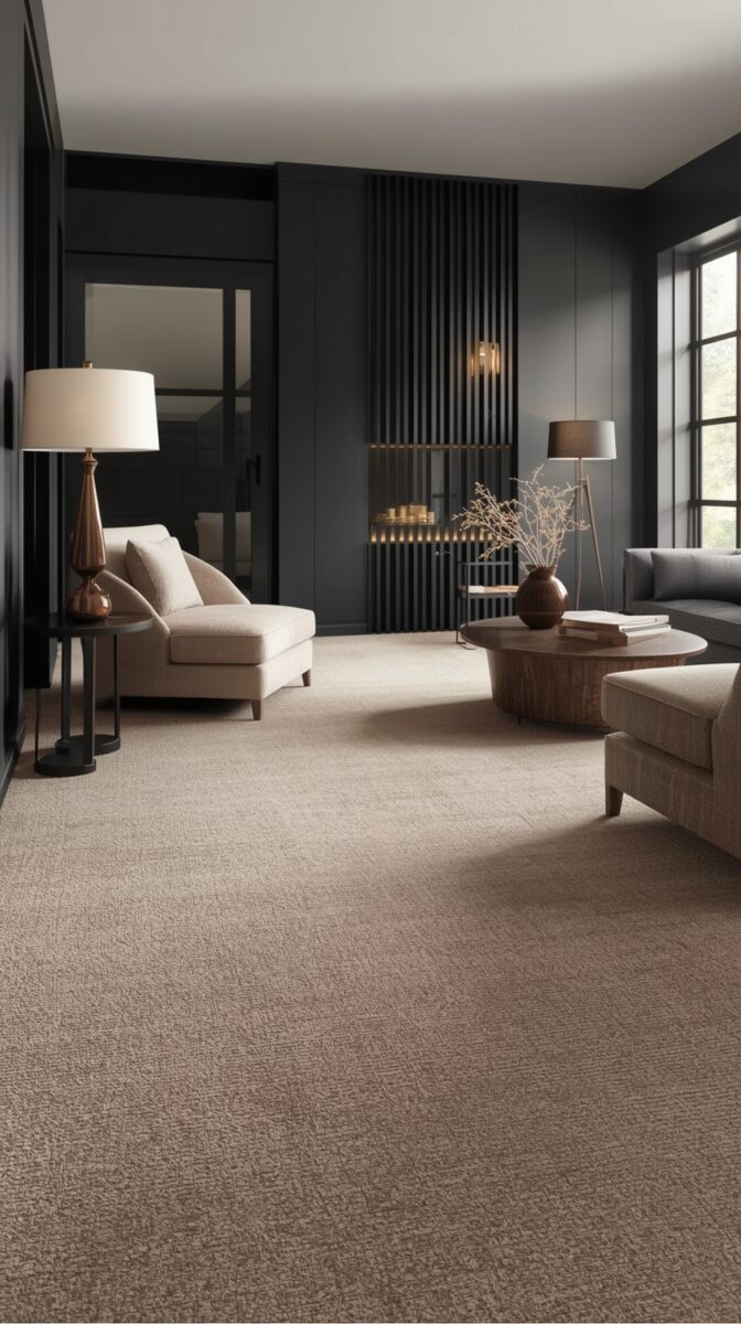 Modern living room with dark gray walls, beige carpet, cream-colored chairs, wooden round coffee table, and vertical slat accent wall