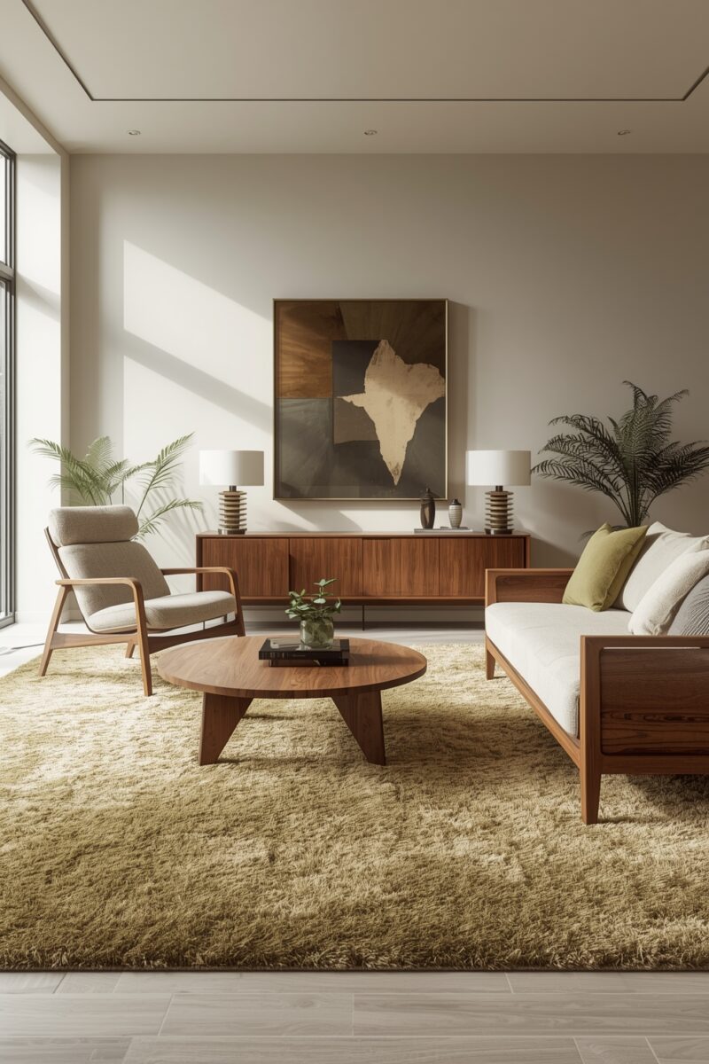 Modern mid-century living room with walnut wood sofa, armchair, round coffee table, shag rug, and abstract wall art
