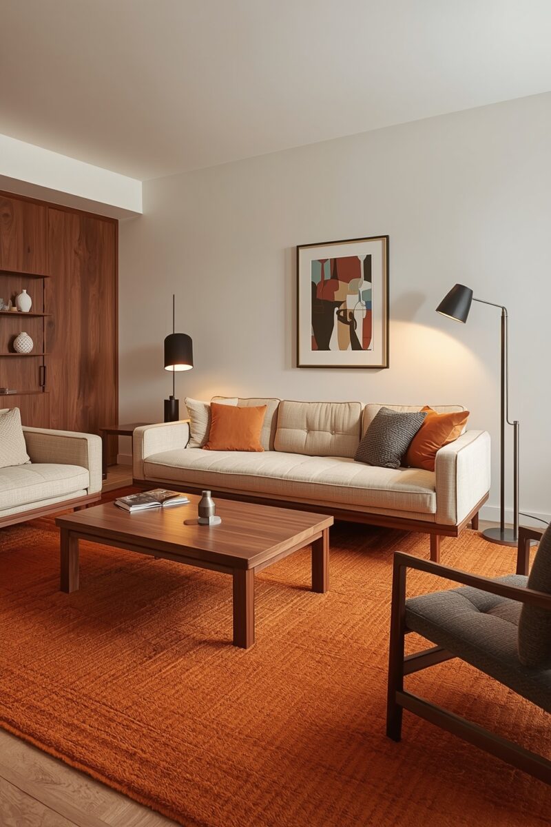 Mid-century modern living room with cream sofa, orange rug, walnut coffee table, and abstract wall art