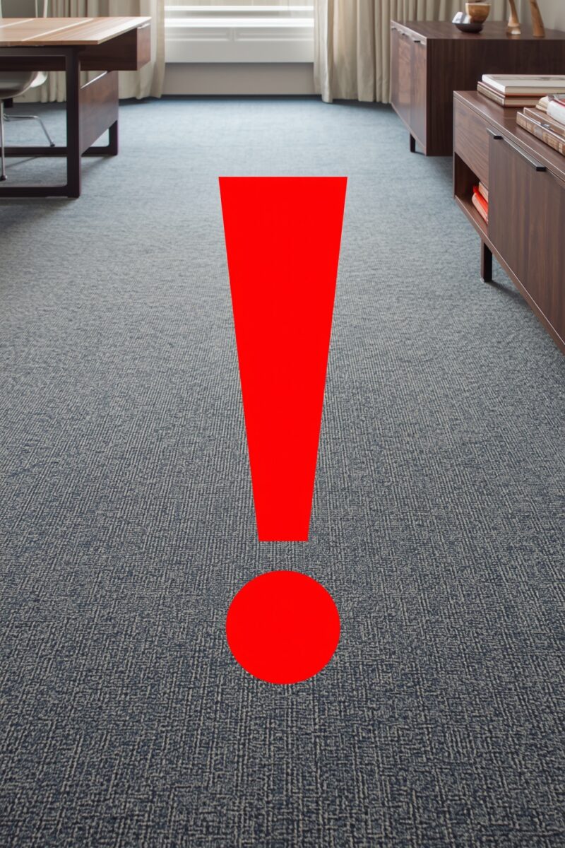 Modern office interior with blue-grey carpet and wooden furniture featuring a large red exclamation mark overlay