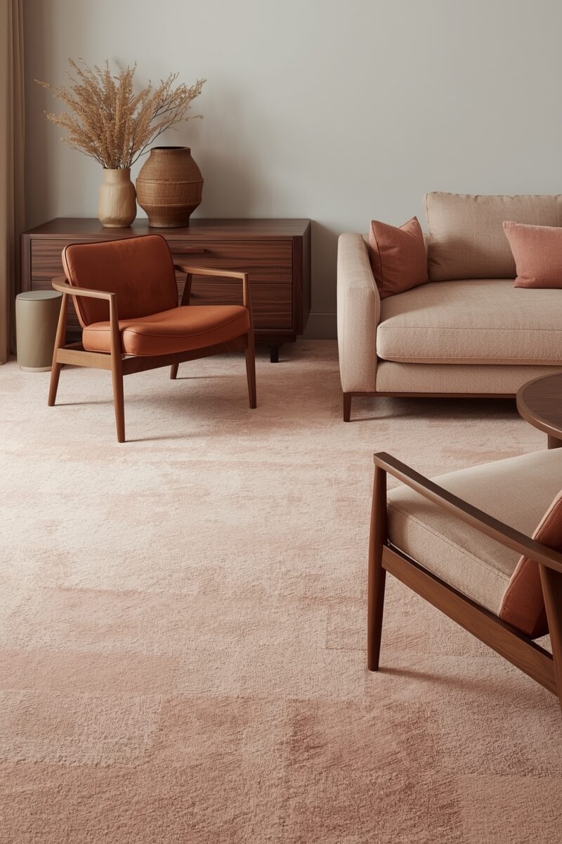 Mid-century modern living room with beige sofa, terracotta leather chair, walnut sideboard, and blush carpet