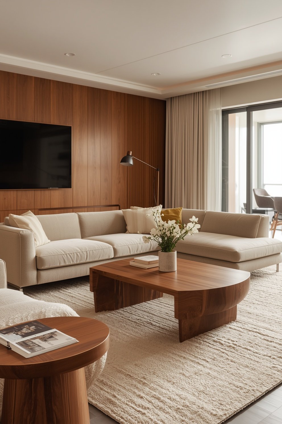 Modern living room with cream sectional sofa, walnut wood coffee table, and wood-paneled TV wall