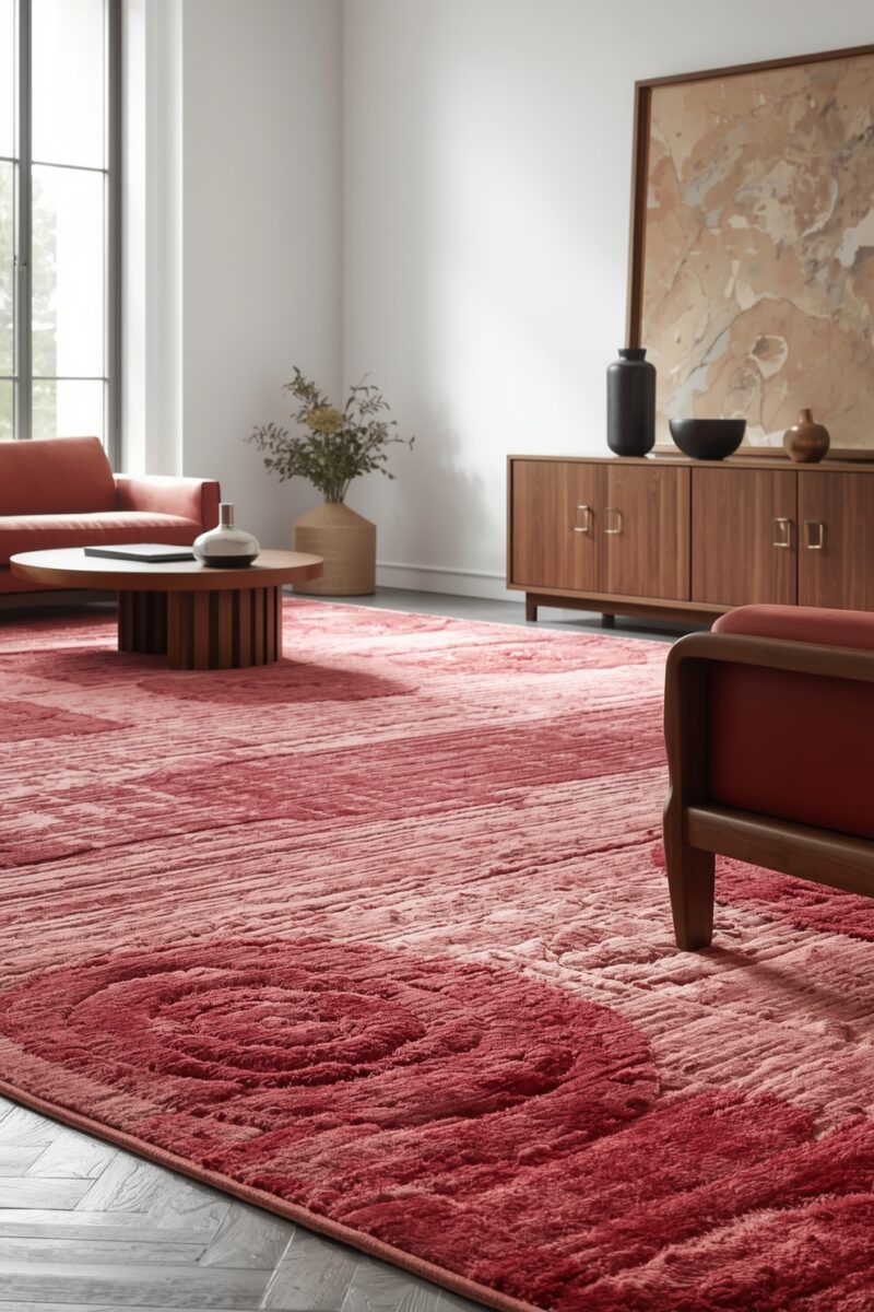 Modern living room with large red and pink textured rug, wooden coffee table, pink sofa, and walnut sideboard