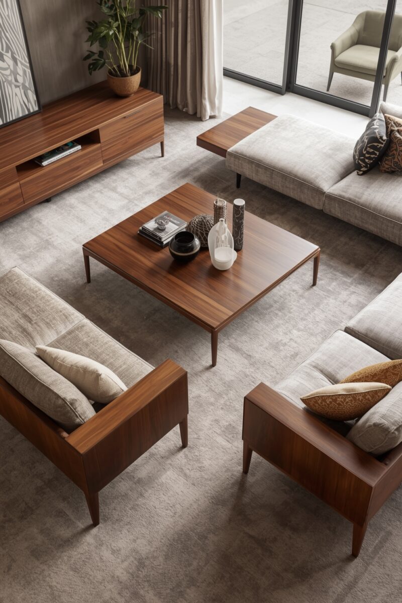 Modern living room with walnut wood furniture, gray upholstered sofas, square coffee table, and large glass doors