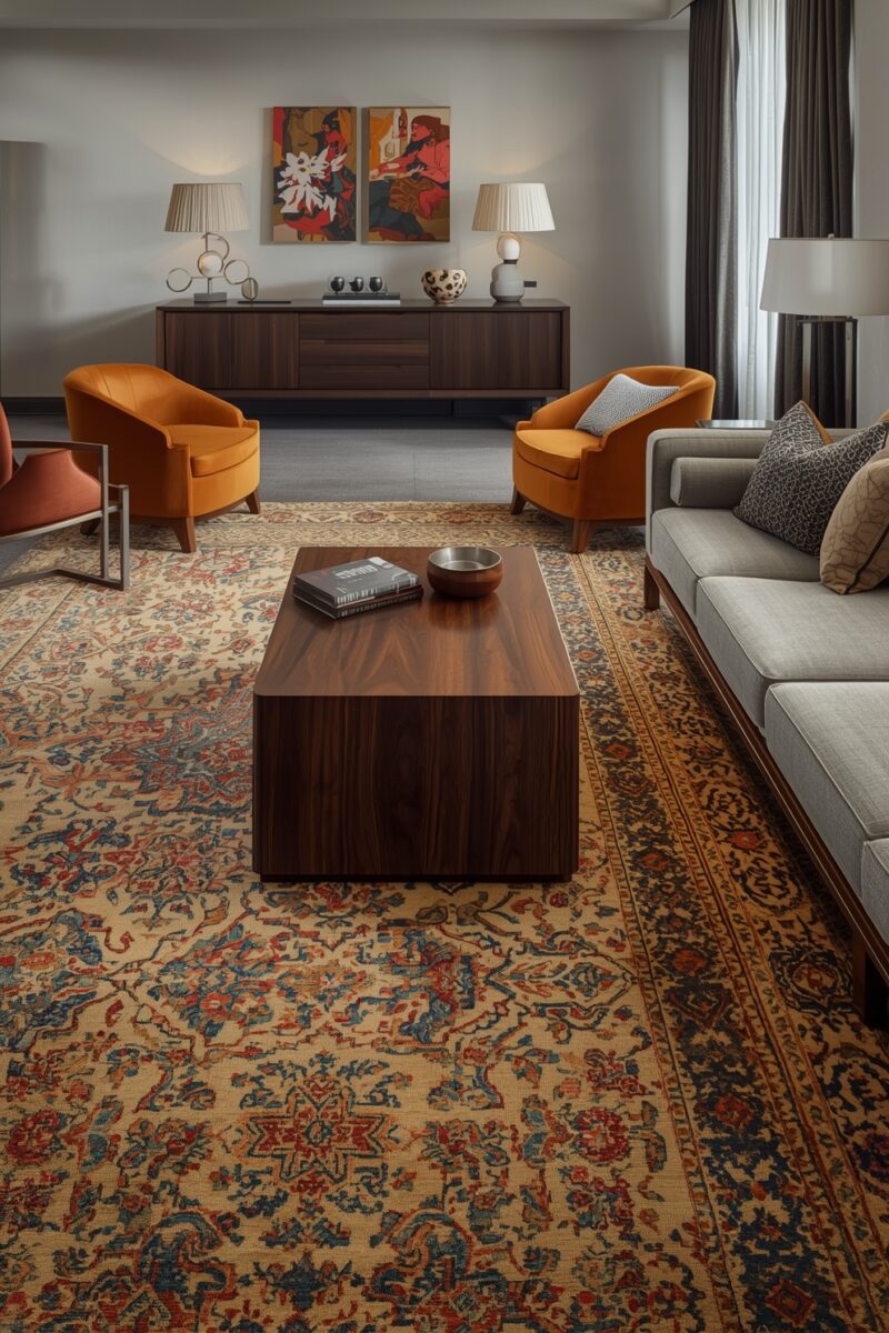 Modern living room with Persian rug, walnut coffee table, orange accent chairs, gray sofa, and dark wood sideboard