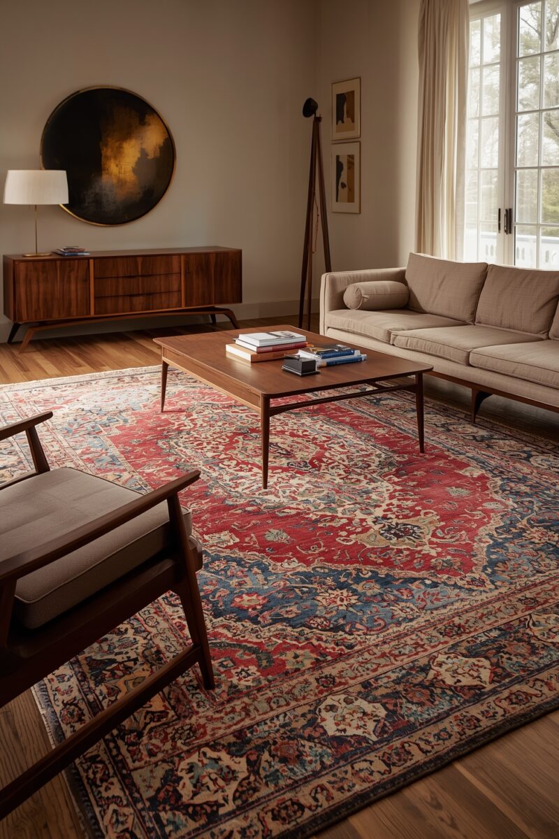 Mid-century modern living room with large red Persian rug, walnut coffee table, beige sofa, and wood credenza