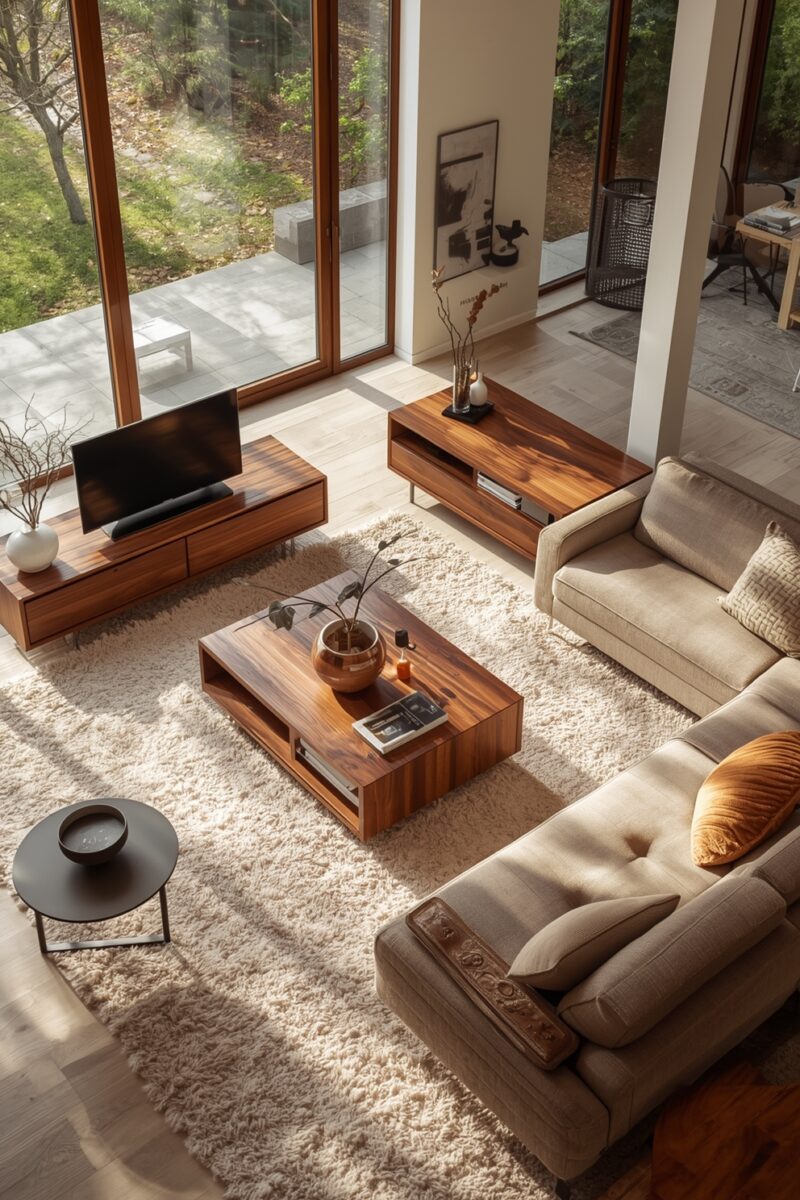 Modern living room with beige sofas, walnut wood furniture, shag rug, and floor-to-ceiling windows overlooking forest
