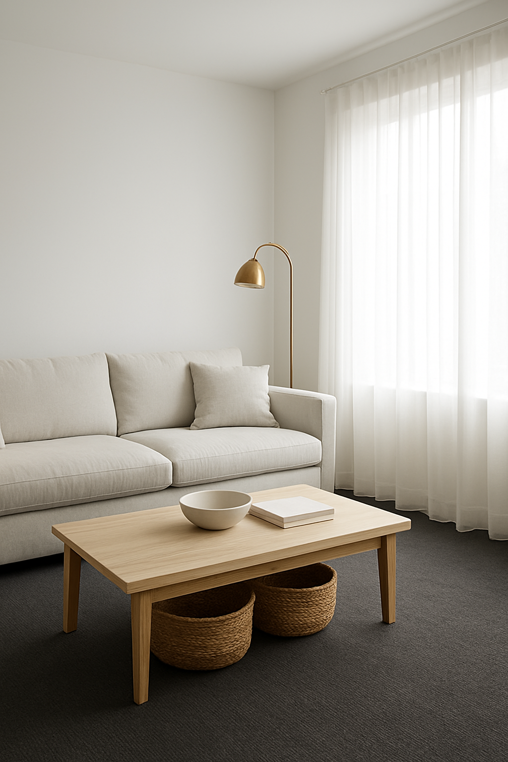 Living room with white walls and dark gray wall-to-wall carpet
