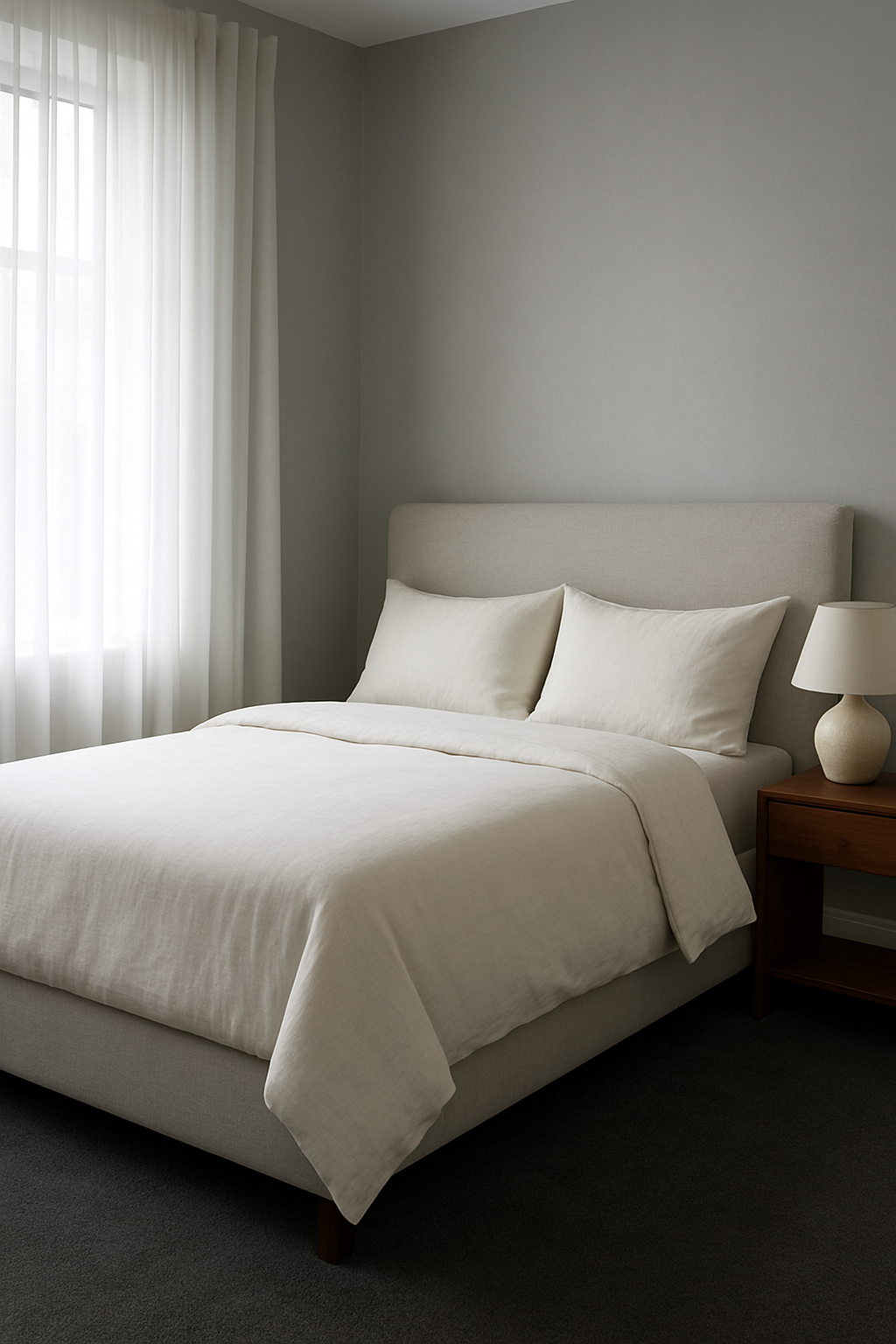 Bedroom with soft gray walls and dark gray wall-to-wall carpet