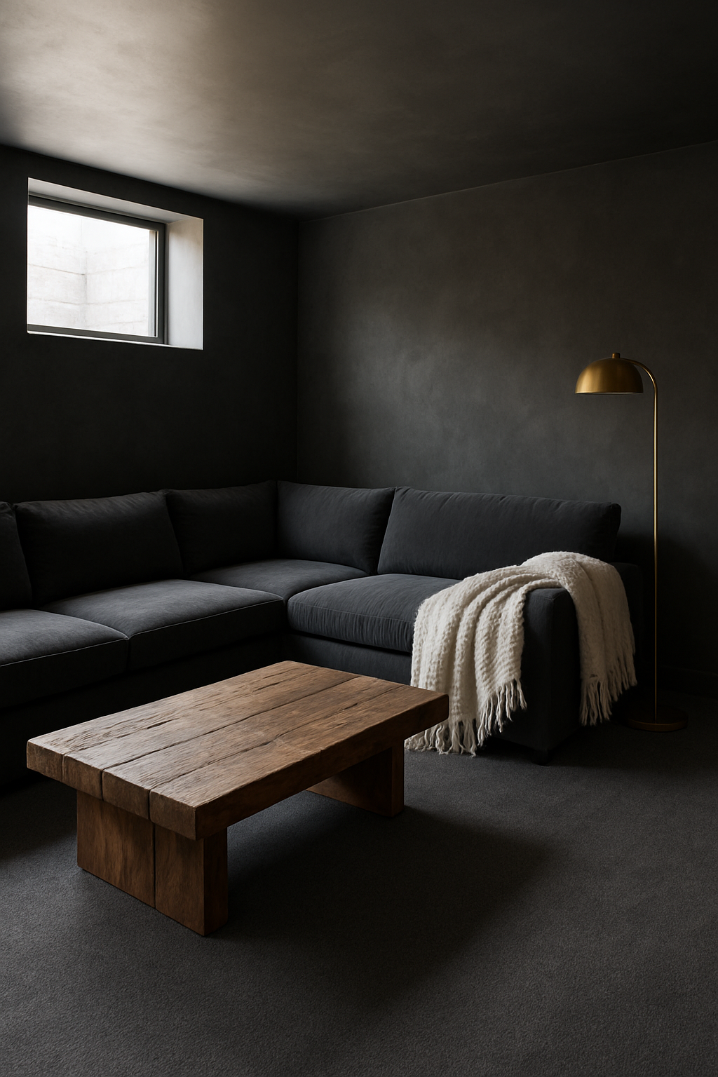 Basement with charcoal walls and dark gray wall-to-wall carpet