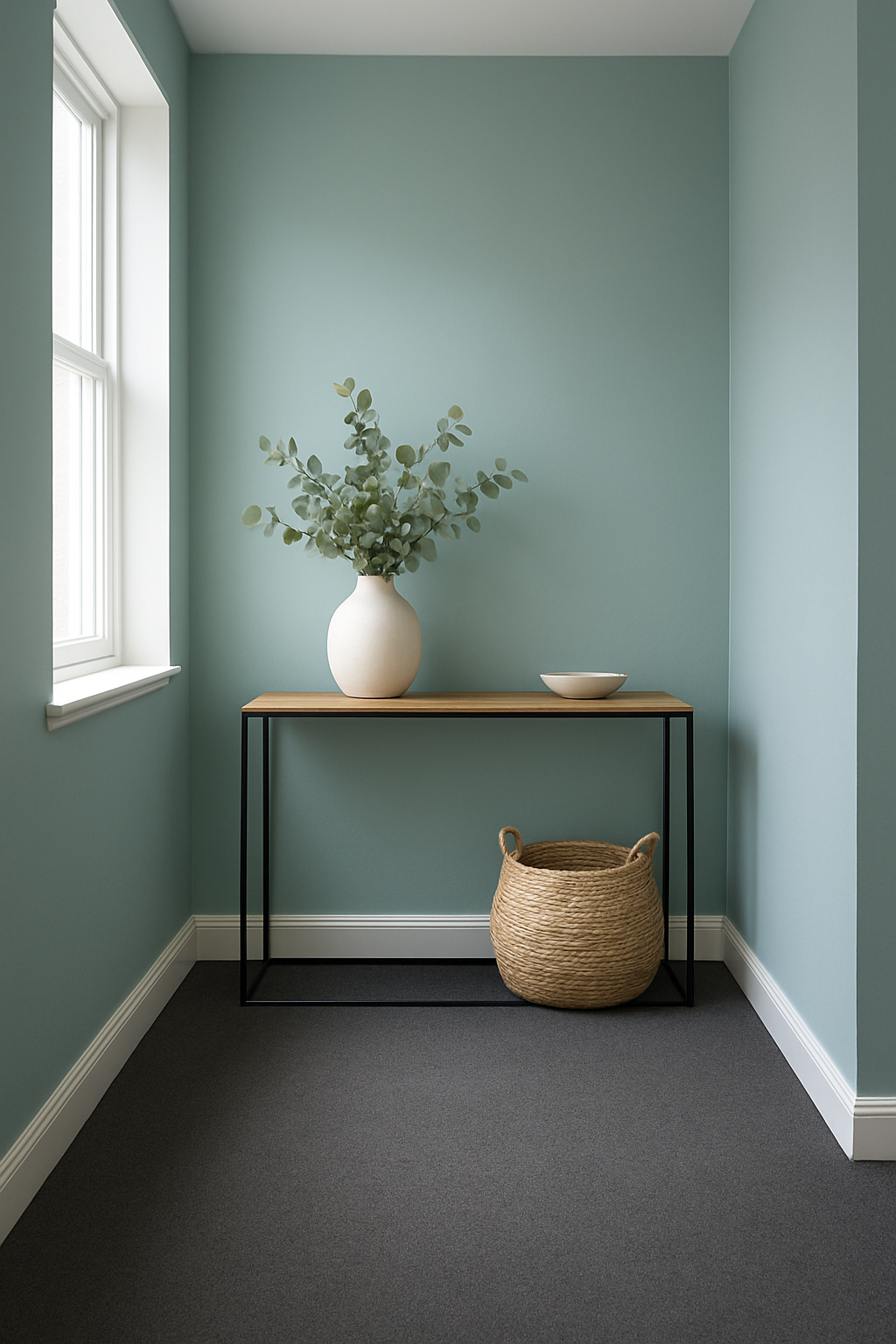 Hallway corner with pale teal walls and dark gray carpet