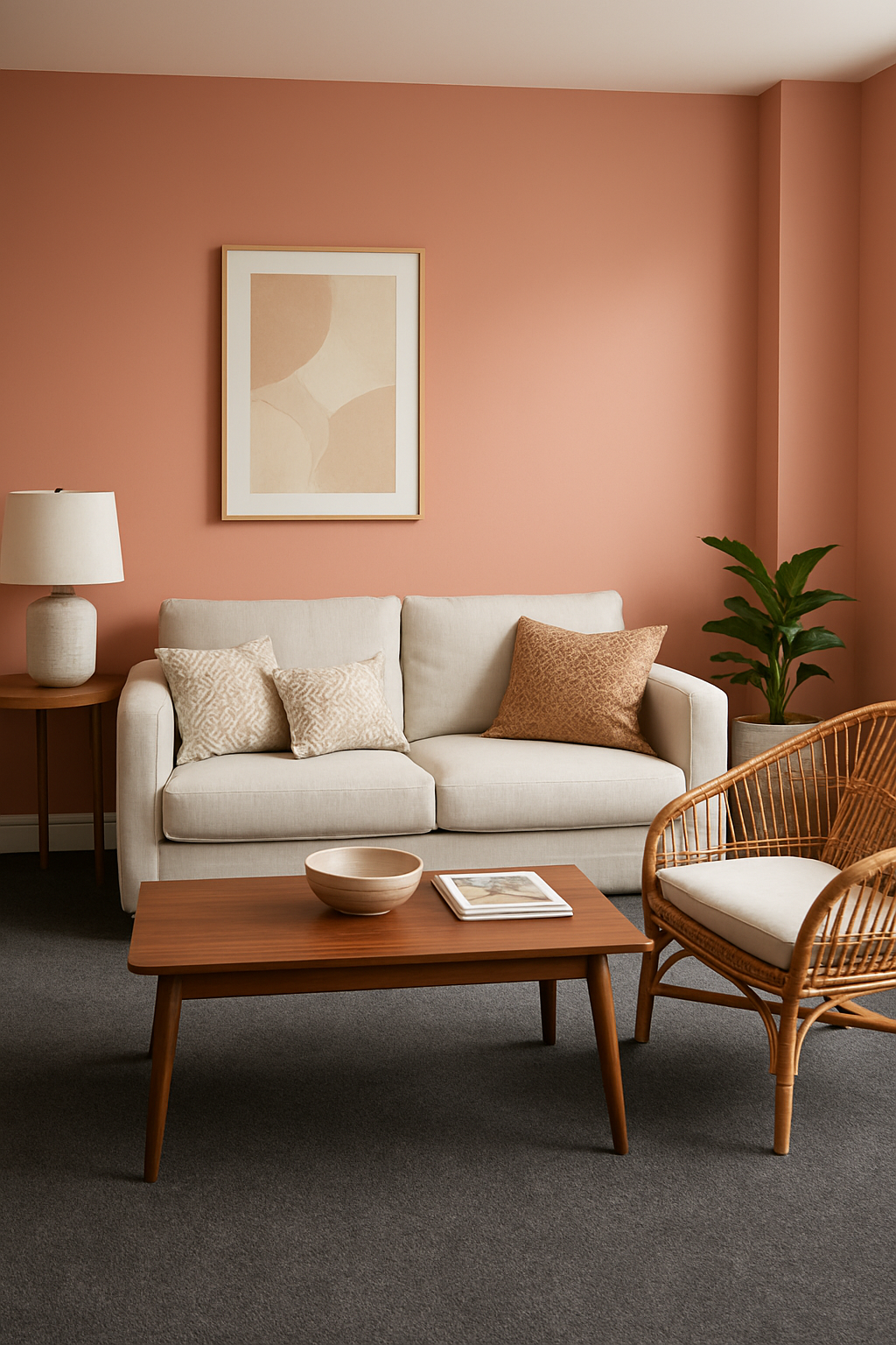 Family room with soft coral walls and dark gray carpet
