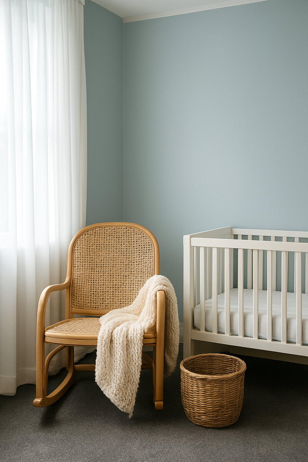 Nursery corner with light blue walls and dark gray carpet